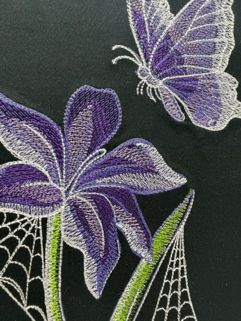 Homemade Purple & Green Butterfly & Flower 8X10 Framed Embroidery Art - Picture 5 of 6